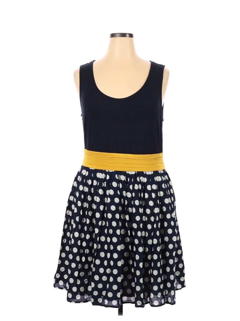 Navy Polka Dot Circle Skirt with Yellow Waistband Size 1XL